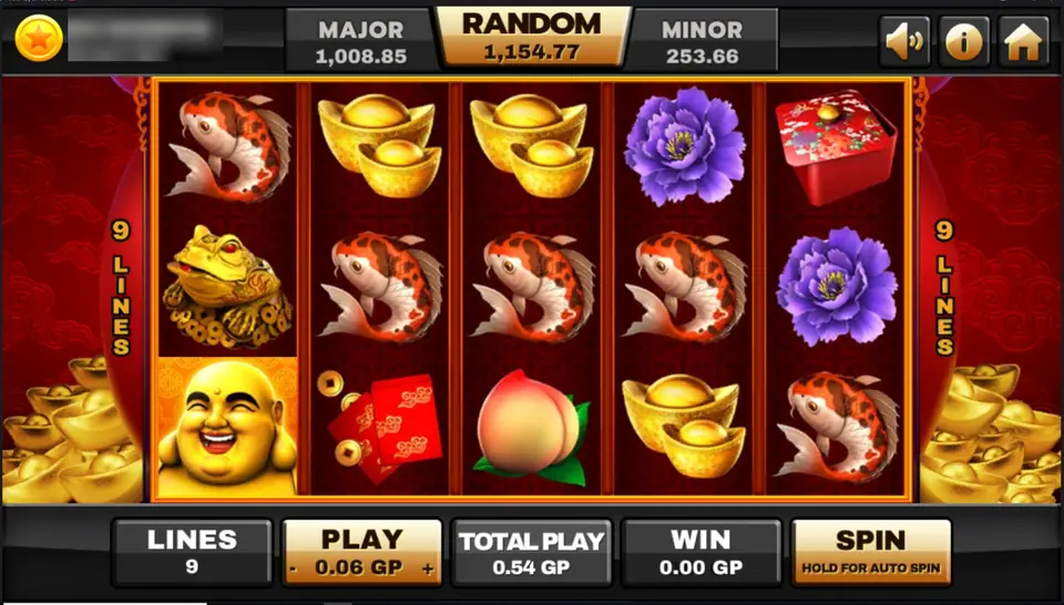 Happy Buddha on Joker123: koi, gold ingots, a peony, a money toad and the smiling Buddha on 9 lines, 0.06 GP a line for 0.54 GP