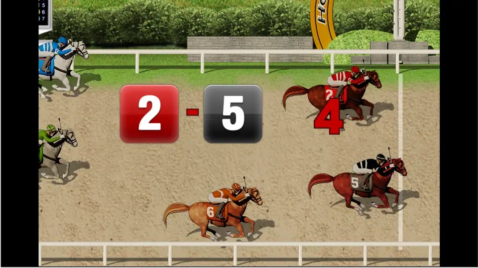 Horse Derby 2015 GI on 3Win8: numbered horses with jockeys racing on a dirt track while the result 2 and 5 flashes up in red and black tiles
