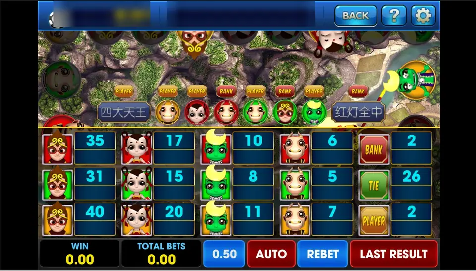 Jue Zhan Tian Xia betting board on 3Win8: four characters in red, green and yellow frames with odds from 5 to 40, plus Bank, Tie and Player