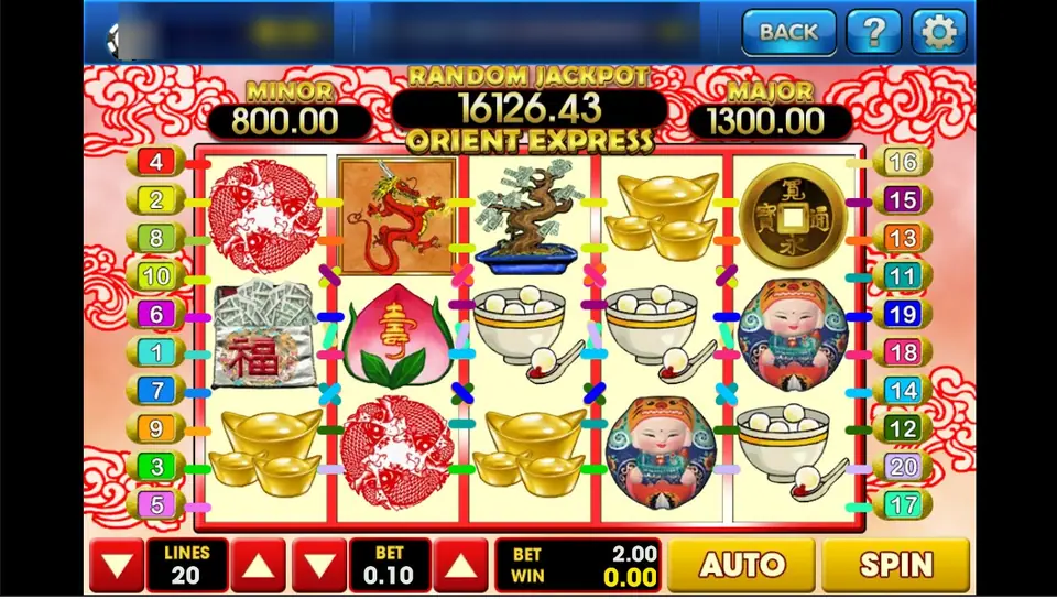 Orient Express on 3Win8: gold ingots, a money tree, bowls of tang yuan, a peach, koi papercuts and a dragon scatter, 20 lines at 0.10