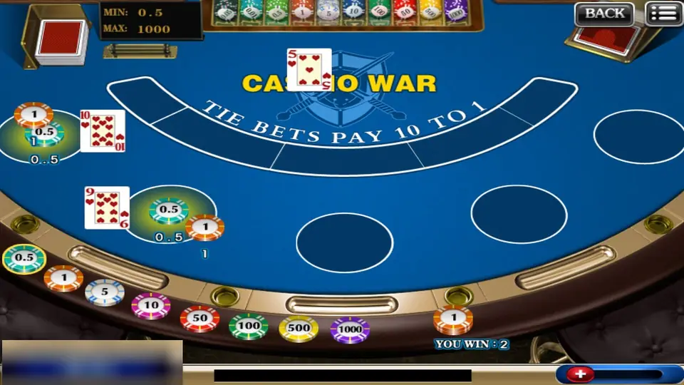 Casino War on 918Kiss: two hands, a ten and a nine of hearts, against the dealer's five, with You Win 2 at the bottom