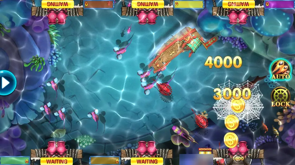 Da Sheng Nao Hai 10000 on 918Kiss: a sunken ship, a net and coin payouts of 4000 and 3000 on the fish table