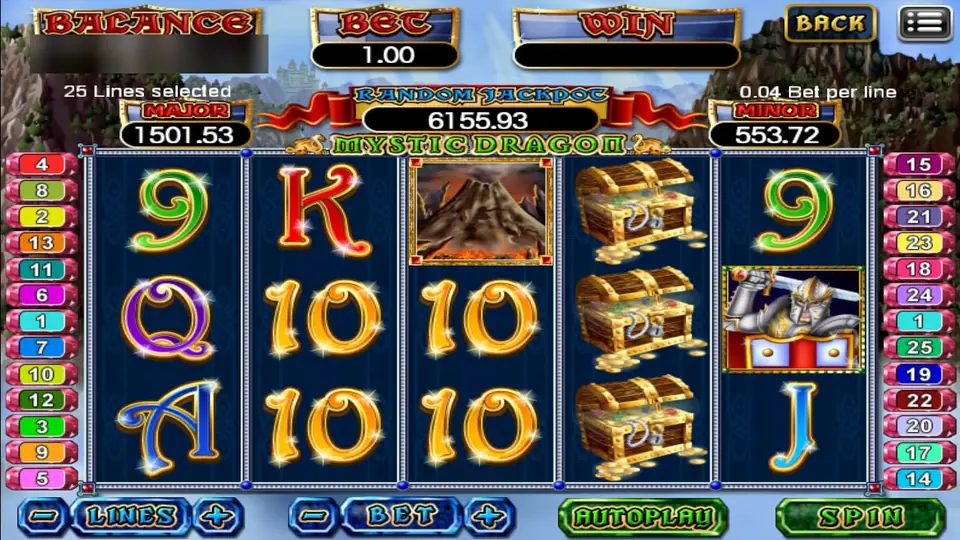 Mystic Dragon on 918Kiss with a volcano, three stacked treasure chests and a knight, 25 lines at 0.04 a line for a bet of 1.00