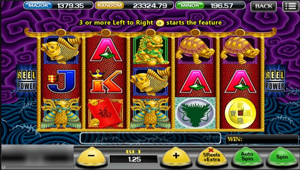 5 Dragons on ACE333 with golden carp, foo dog, turtles, phoenix and a gold coin scatter, bet 1.25 with 5Reels+Extra switched off