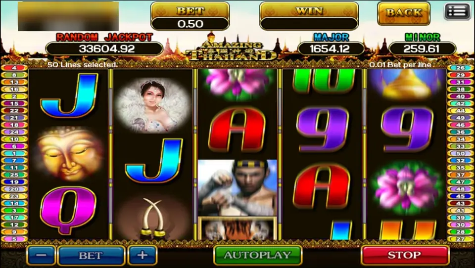 Amazing Thailand on ACE333 with a Muay Thai fighter over a tiger on reel 3, golden Buddha face, lotus and elephant tusks, 50 lines at 0.01