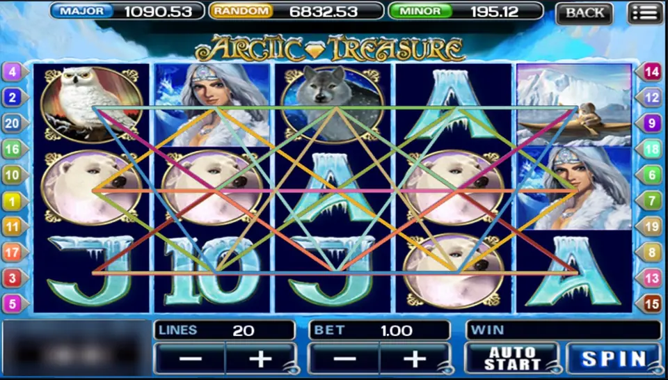 Arctic Treasure on ACE333 with owl, polar bears, wolf and a kayak hunter, 20 lines drawn across the reels and a bet of 1.00