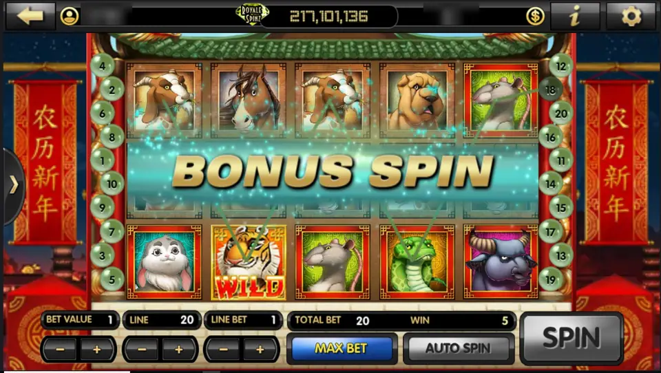 Chinese New Year on Live22 with zodiac animals, a tiger marked Wild and a Bonus Spin banner over the reels, 20 lines at 1