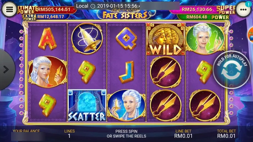 Age of the Gods: Fate Sisters on LPE88 with the three sisters, shears, a gold wild and an orb scatter, one line at RM0.01