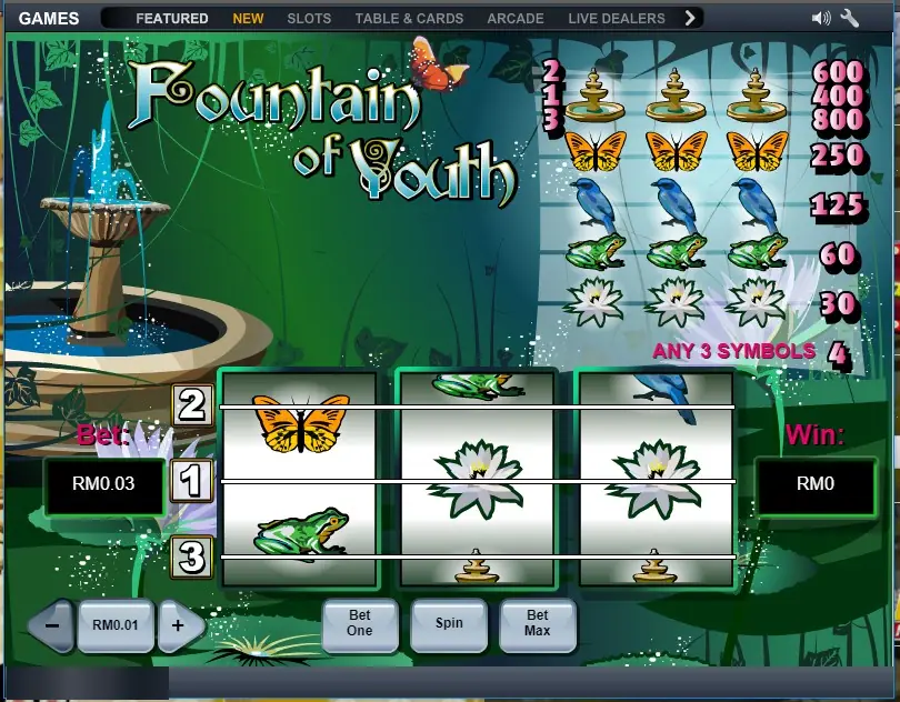 Fountain of Youth on the LPE88 web version: three reels, three lines and a pay table from fountains down to any three symbols