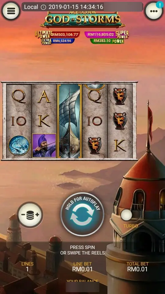 God of Storms on LPE88 in portrait mode, with the reels across the middle and the spin, bet and Turbo buttons below
