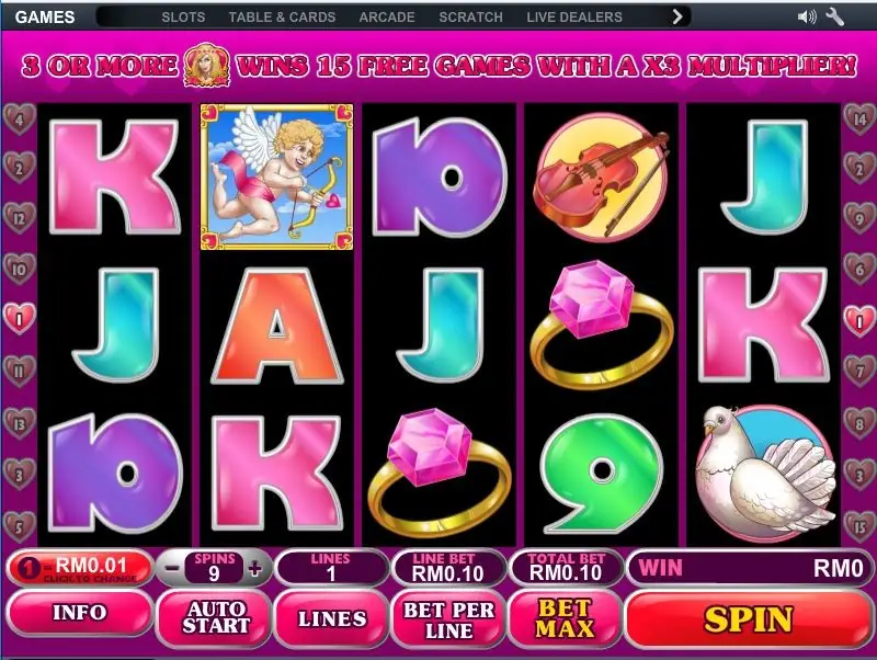 True Love on NTC33 with a banner saying 3 or more scatters win 15 free games with a x3 multiplier, cupid, rings, a violin and a dove on the reels