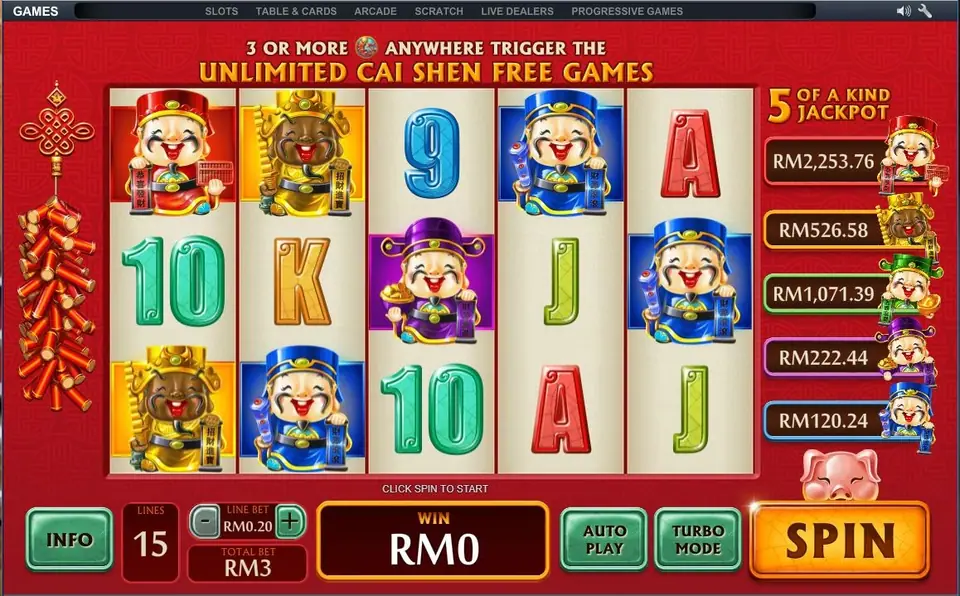 Wu Lu Cai Shen on NTC33: the five Cai Shen figures, the 5 of a kind jackpot column on the right and a banner for the Unlimited Cai Shen free games