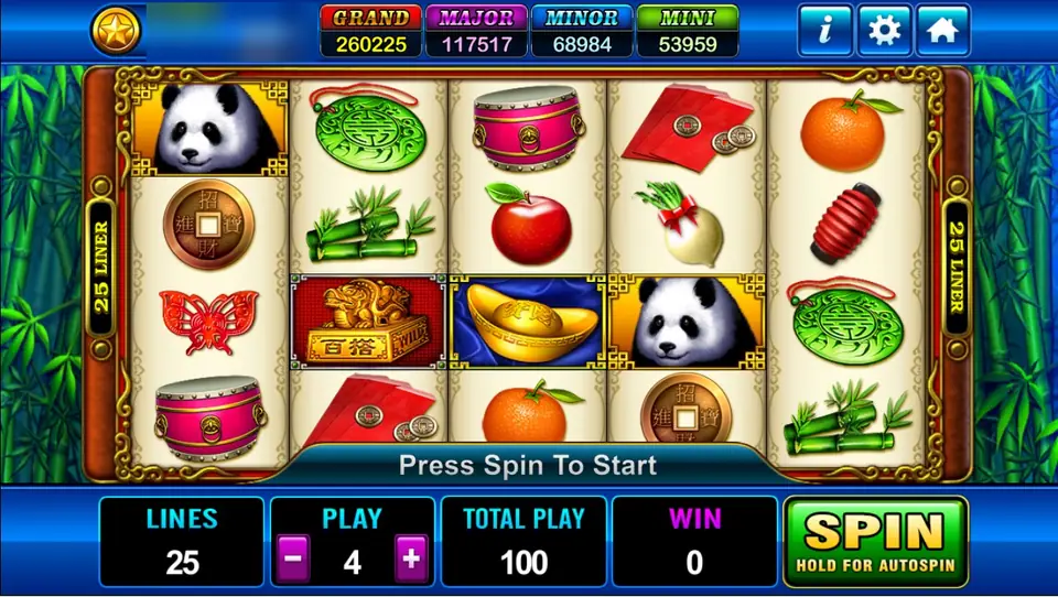 Fortune Panda on Play8oy: pandas, a gold Wild seal and a gold ingot on four rows of reels, 25 lines at 4 for 100