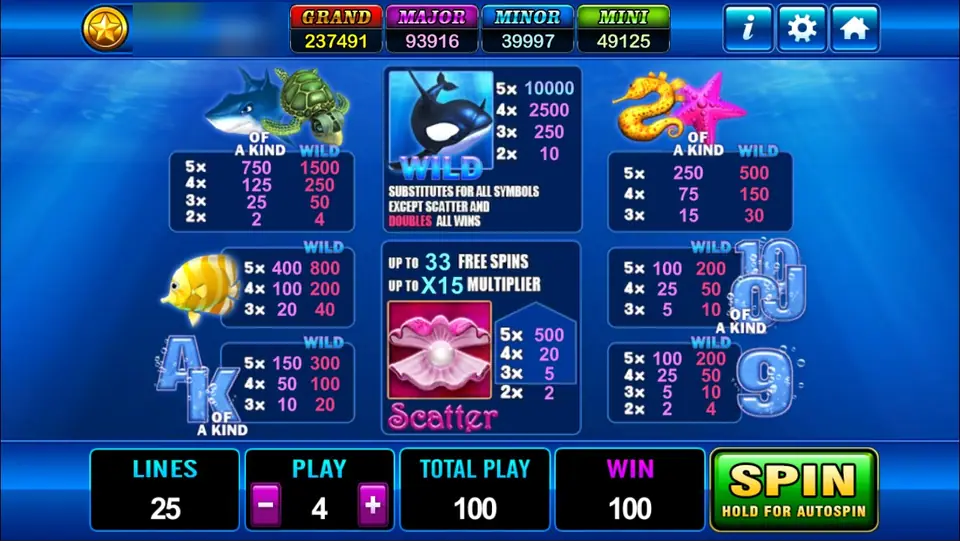 Grand Blue pay table on Play8oy: the killer whale Wild, the shark and turtle paying together, the seahorse and starfish, a yellow fish and the pearl Scatter with up to 33 free spins