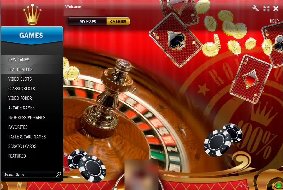 Rollex11 Windows client with a Games menu from New Games to Featured beside a roulette wheel, an MYR0.00 balance and a Cashier button